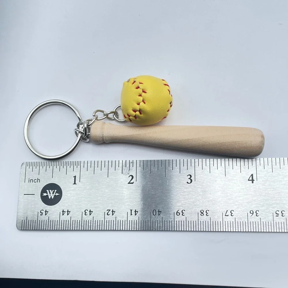 Vintage Silver Tone Mini‎ Yellow Soft Baseball Wood Bat Charm Keychain Statement